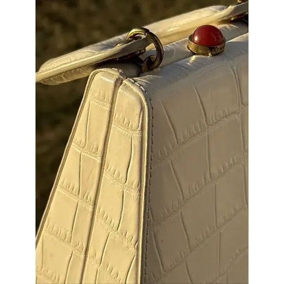 Staud Bag Kenny Cream Trapezoid Handbag Croc Embossed Leather Top Handle 6.5” - Picture 8 of 13